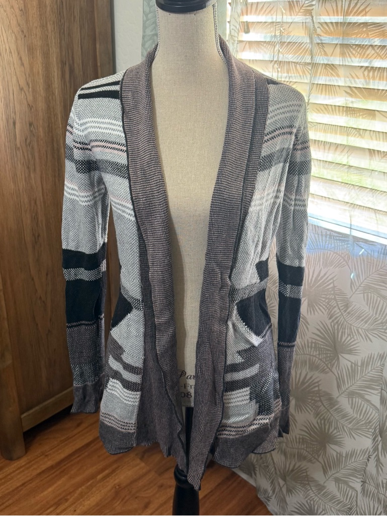 Belldini Open-Front Striped Cardigan Sweater - Gray, Black, Taupe